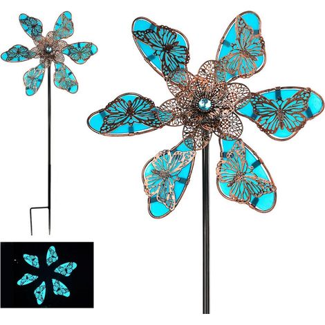 Windspiel Gartenstecker Metall Windmühle Blau mit Nachleuchten für Terrasse & Rasen