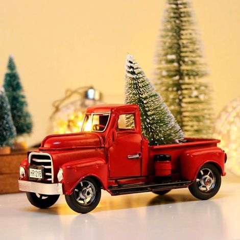 Camion rouge miniature de Noël, voiture miniature vintage en métal, jouet décoratif durable à poser sur une table, une étagère ou une cheminée. (1/5)