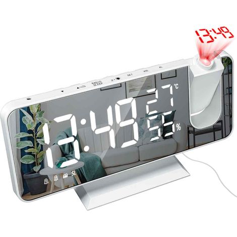 Réveil projecteur pour chambre, réveil numérique avec chargeur USB, projecteur à 180°, grand écran LED, fonction snooze, idéal pour les enfants et les gros dormeurs, chiffres blancs.