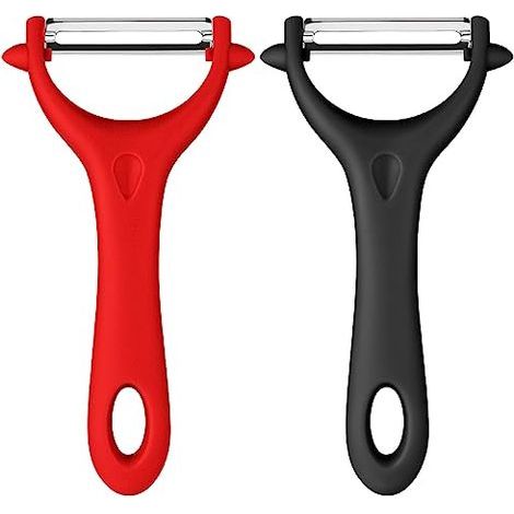 2-teiliges Universal-Schäler-Set, Gemüseschäler aus Edelstahl, manueller Gemüseschäler, Kartoffelschäler mit ergonomischem Griff, Küchenschälmesser für Gemüse und Obst (Schwarz+Rot) (1/5)
