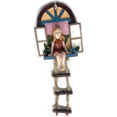 Decoración de pared de resina que representa a una adorable hada subiendo una escalera, ideal para un jardín o patio (W61). (1/5)