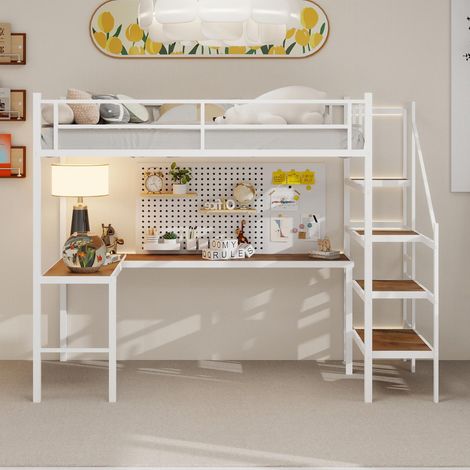 Lit mezzanine avec bureau en L, grand espace de rangement et étagères, cadre de lit robuste avec escalier, rambarde continue, gain de place, silencieux, sans plumes d'éléphant, garantie 2 ans