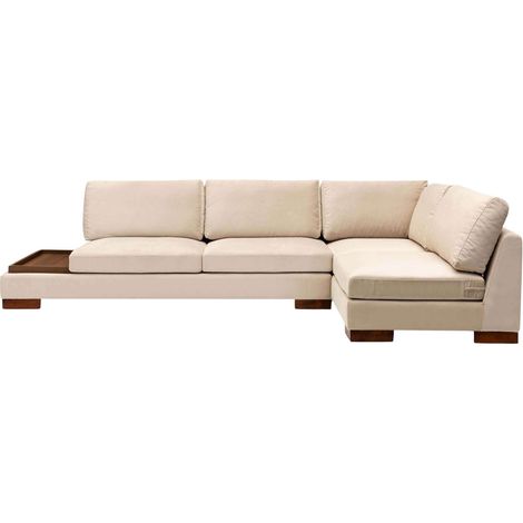 Cotecosy – Canapé d'angle velours beige clair 313cm – Plateau en bois noyer – Rembourrage mousse et plume – Avec pouf angle droit (1/5)