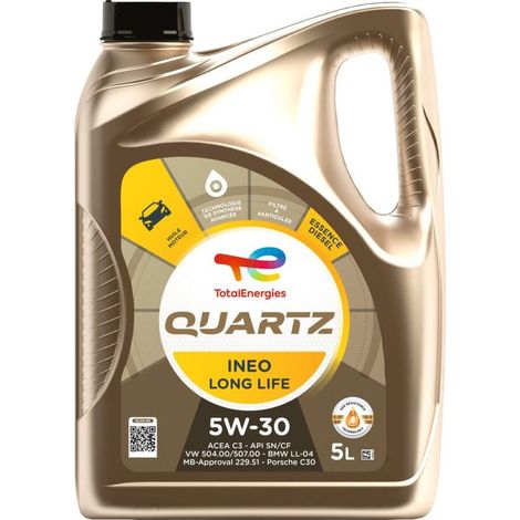 TOTAL Quartz INEO Long Life 5W30 3B 5L Olio Motore Sintetico ACEA C3 per Motori Diesel e Benzina con Filtro Antiparticolato – Compatibile con VW, Audi, BMW, Mercedes – Protezione Estesa e Basse Emissi