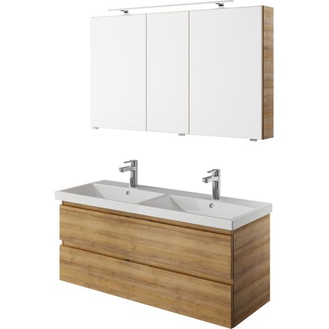 Badmöbel Set, grifflos, 120cm breit, in Riviera Eiche Nb. mit Doppelwaschbecken VILLATORO-66, B/H/T ca. 120/200/45 cm (1/5)