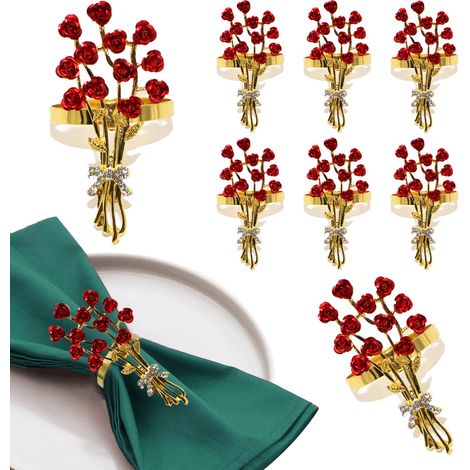 Anneaux de serviette floraux dorés, lot de 6 pour Noël, Saint-Valentin, mariage et décoration de table élégante, parfaits pour dîners de fête et réceptions. (1/5)