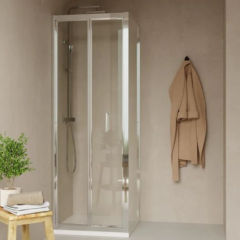 Cabine de douche 70x90 cm avec ouverture à livre et paroi fixe en verre transparent 6 mm profilés chromés h185 Tonga (1/4)