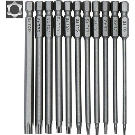 Set mit 11 langen Torx-Bits für Schraubendreher und Bohrmaschinen – Magnetische Bits – 1/4"-Sechskantschaft – Größen T6 bis T40 – Länge 100 mm