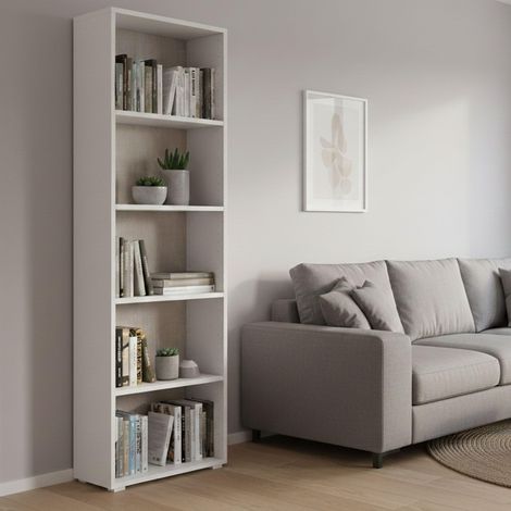 Bibliothèque avec 4 étagères réglables, Étagère à livres, Élément mural avec étagères, 60x30h195 cm, Blanc et Chêne (1/5)