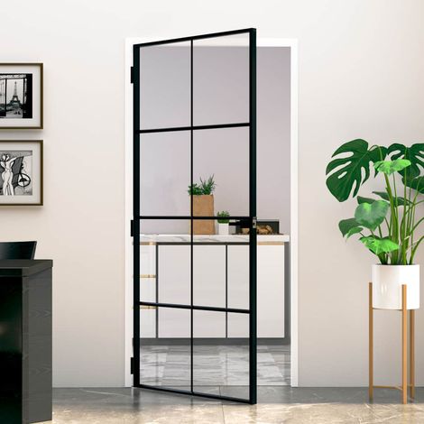Porte intérieure, noire, 93 x 201,5 cm, verre trempé et aluminium, design fin