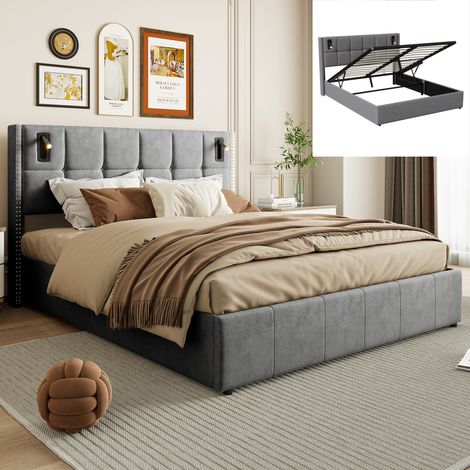 Lit coffre 140x190,lit 140x190 avec sommier à lattes,lit double capitonné,lit adulte,liseuse intégrée,tissu en velours,Gris (1/5)