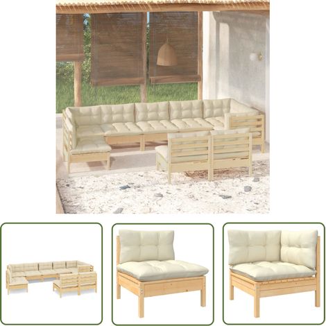 The Living Store 9-tlg. Garten-Lounge-Set mit Creme Kissen Massivholz Kiefer - Gartensessel - Lounge Set - Gartenmöbeln - Rattan Möbel - Kiefernholzmöbel (1/5)