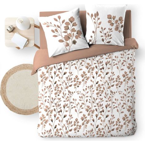 Housse de couette 240 x 220 cm MAIWENA Mocha + 2 taies – Coton 57 fils – Imprimé végétal