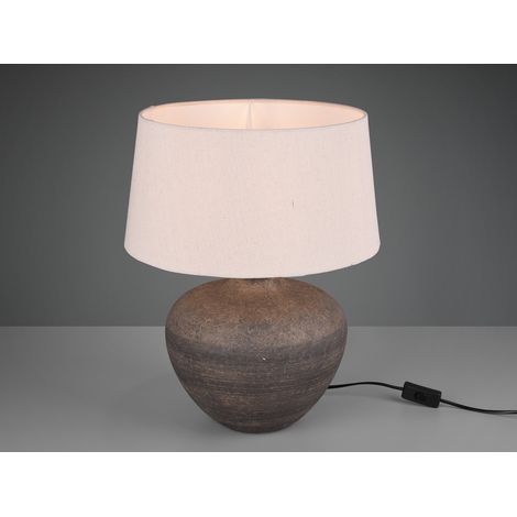 Große LED Keramik Tischleuchte braun mit Stoffschirm in beige, Höhe 46cm (1/5)