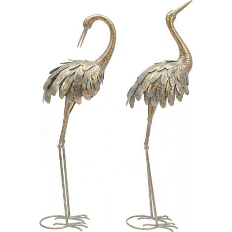 Lot de 2 statues de jardin, sculpture de héron métallique hauteur 91/95 cm, pour cour, étang et terrasse, or et bleu (1/4)