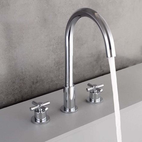 Ensemble de robinet de lavabo à 3 trous, séparé - Corps en laiton - Design à deux poignées, Modèle A Argent (1/2)
