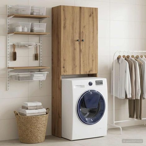 Armoire de Salle de Bain en Chêne Massif, Meuble Rangement Haut 190 cm, Style Scandinave, Étagères Multiples pour Serviettes et Produits, Design Moderne et Élégant, 66 x 25.5 x 190 cm (1/5)