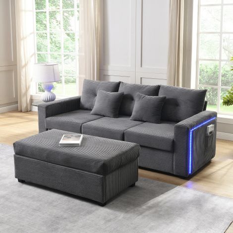 [5-Kissen-Supreme-Set] Moderne LED-Sofakombination mit wolkenartigem Sitzgefühl: 3-Sitzer-Sofa + übergroßer abnehmbarer Ottoman,Hochbelastbares modulares Wohnzimmermöbel in L-Form