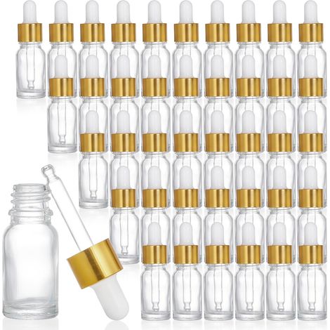 Lot de 40 mini flacons compte-gouttes vides de 10 ml avec pipettes compte-gouttes et bouchon en alliage d'aluminium doré rechargeable pour huiles essentielles, parfums, cosmétiques liquides (1/5)