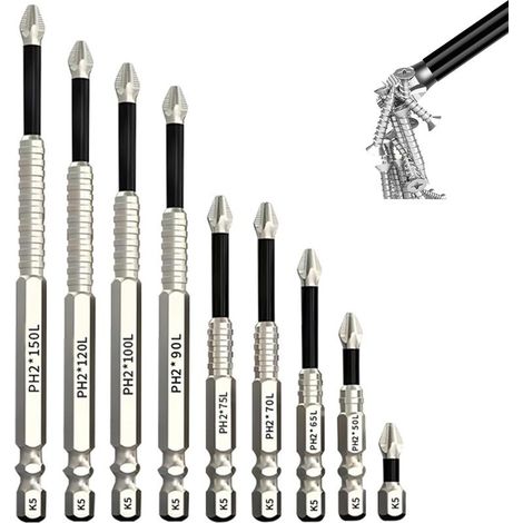 9 Pièces Embout Visseuse Aimanté Magnétique Embout Visseuse Long Multifonction Tournevis Torx 25/50/65/70/75/90/100/120/150 cm Embouts Torx Antidérapant pour Perceuse Électrique (1/5)