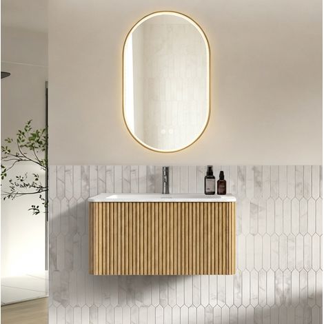 Meuble vasque mural 80 cm avec miroir LED ovale 50x80 cm, chêne, préassemblé (1/5)