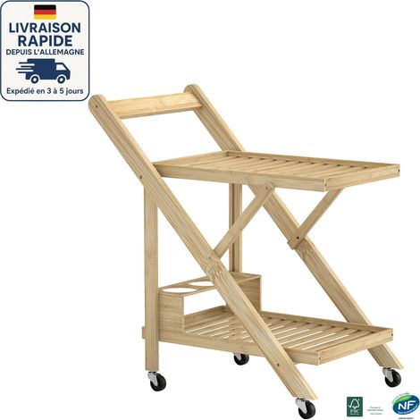 MODFU - Desserte de cuisine/jardin double couche en bois, pliable, 2 roues avec freins, 66x40x70cm, naturelle (1/5)