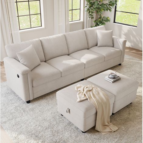 Sofá modular de 6 plazas en tela beige con 2 pufs con almacenaje, configuración en L o U y puertos USB y USB-C – CHICFURN para salón y apartamentos modernos (1/5)