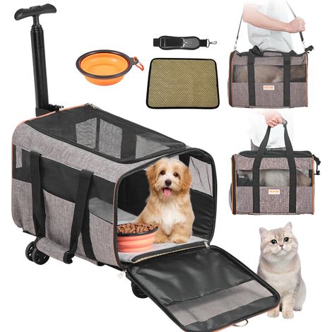 Sac à Roulettes pour Chat Chien 9,9 kg Sac de Transport Chats Poignée Télescopique Bandoulière Gamelle Pliable Transporteur Roulant Fermeture Éclair Autobloquante pour Animaux de Compagnie Gris (1/5)
