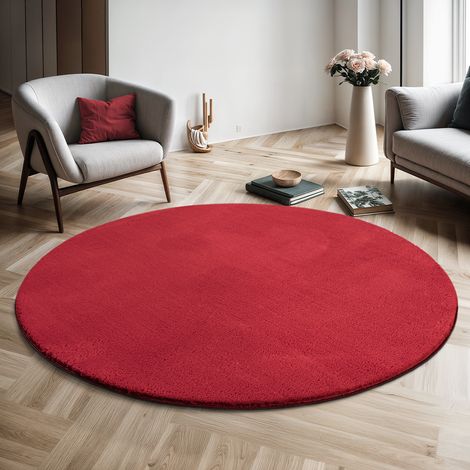 Tapis shaggy rouge antidérapant lavable 120 x 120 cm – Surface douce pour confort – Idéal pour salon et chambre – The Carpet