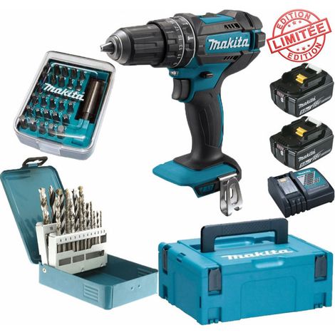 Perceuse visseuse à percussion Makita 18V 62Nm DHP482 + 2 batt 5 Ah + 30 embouts de vissage + 18 forets D-46202 Edition Limitée