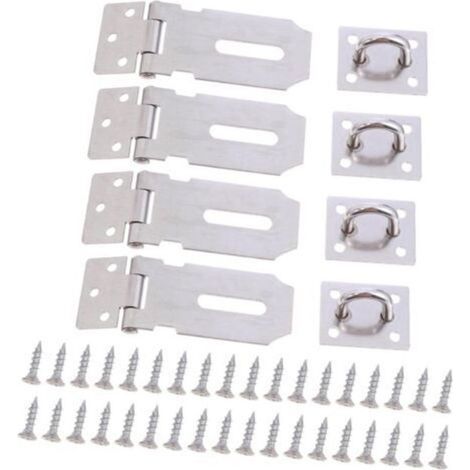 Set of four reinforced stainless steel latches, securely locking doors, fences and boxes, heat and scratch resistant, easy to install in homes and gardens. (1/4)