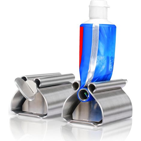 Lot de 2 presse-tubes de dentifrice, distributeur de dentifrice à tube roulant en acier inoxydable, avec fonction de siège porte-dentifrice (1/5)