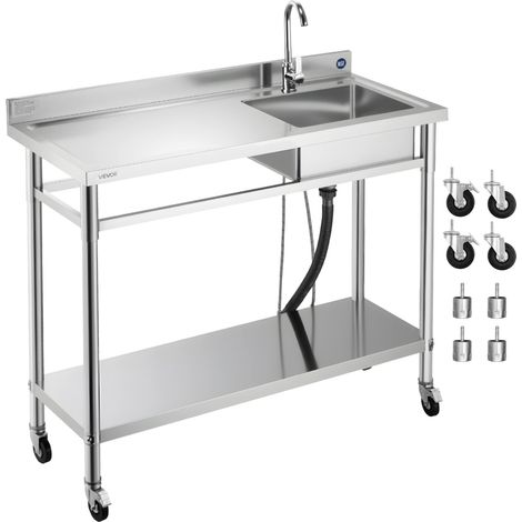 Évier cuisine utilitaire en acier inoxydable, évier professionnel à cuve unique sur roulettes avec robinet, tuyau d'eau chaude et froide, établi pour garage restaurant buanderie 1200x500x1055 mm (1/5)