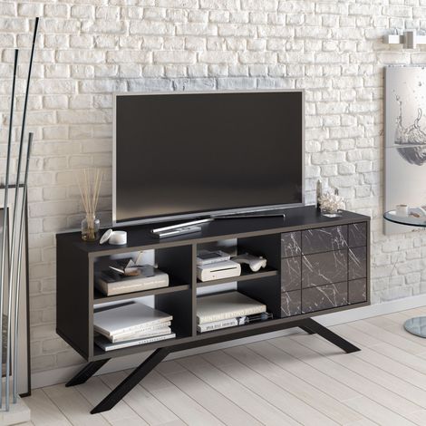 Decorotika North 130 Cm Wide Decorative Meuble TV TV Console Meuble TV With Open Shelves Cabinet And For Living Room Bedroom - Noir And Noir Marble Effect (1/4)