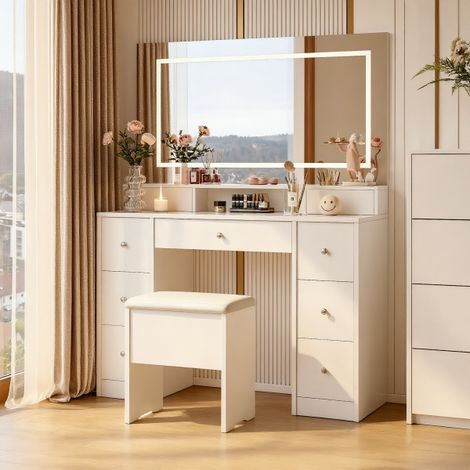 Coiffeuse avec miroir et tabouret – Éclairage LED réglable – 9 tiroirs de rangement + 1 étagère ouverte – Design gain de place – Style moderne – Parfait pour chambre à coucher - Blanc (1/5)