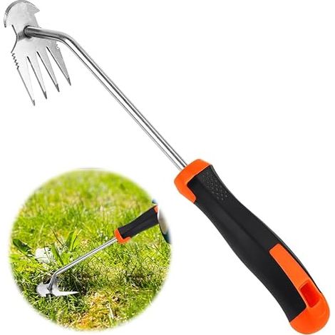 35cm Outil de Désherbage Manuel, 4 Dents Outil de Desherbeur Jardinage Arrache Mauvaise Herbe Acier Inoxydable avec Long Manche pour Enlever Racines Mauvaises Herbes