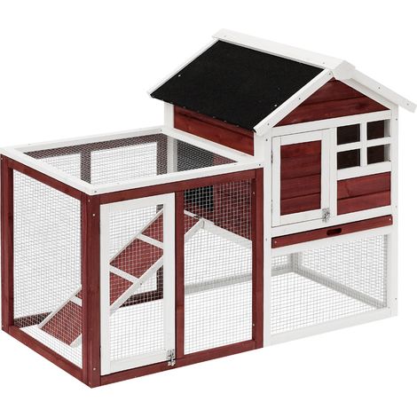 Clapier pour lapins avec enclos extérieur 123,5 x 62,6 x 92,5 cm niche surélevée plateau rustique en bois rouge brique (1/5)