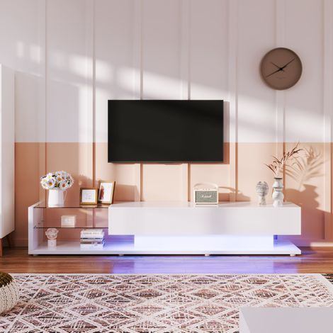 Mobile TV basso bianco con vani in vetro e illuminazione LED regolabile (1/5)