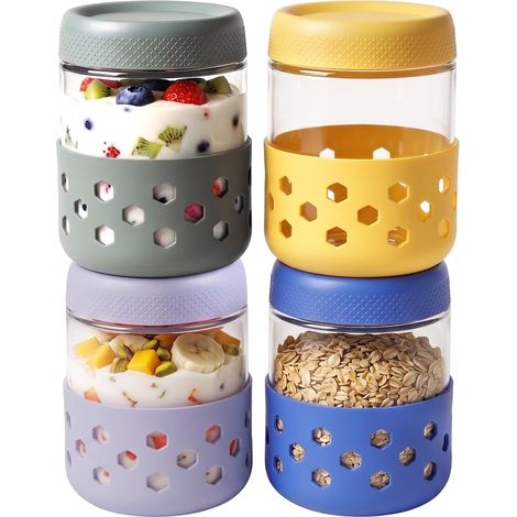 4 Pièces Pots Overnight Oats Jar en Verre avec Couvercle et Housse Silicone, 500ml Bocaux en Verre Réutilisables à Vis, Bocal en Verre avec Couvercle pour Gruau, Salade, Confiture, Yaourt (1/5)