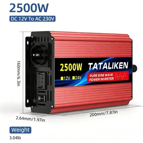 TATALIKEN Spannungswandler Reiner Sinus 2500W, 12V auf 230V Wechselrichter für Wohnmobil, Caravan, Camping, mobile Stromversorgung