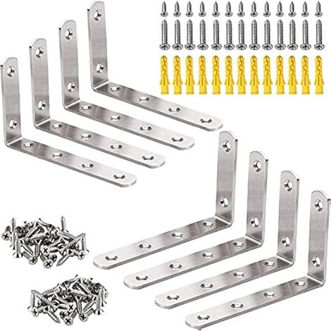 8 pièces équerre renforcée en acier inoxydable, support mural en L pour étagère d'angle - avec vis et cheilles de 2 tailles (125 × 75 mm) (1/5)