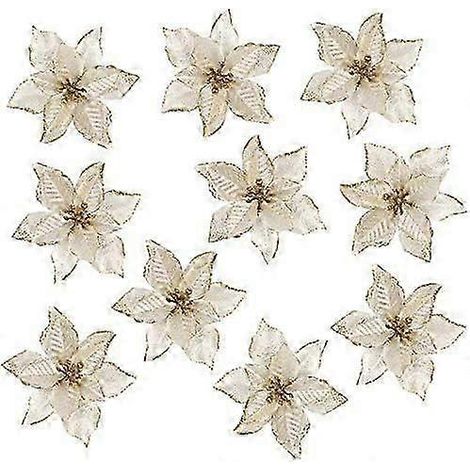 Fleurs de Noël artificielles pour mariage, décorations de sapin de Noël pailletées (10 pièces) (Doré) (1/3)