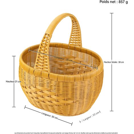 Panier cabas tressé imitation rotin, en forme de panier de pique-nique, panier à légumes, panier à fruits avec couvercle, panier de pique-nique