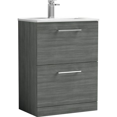 Balterley  Contemporary Bathroom 2 Soft Close Drawer & Minimalist Floor Standing Vanity Unit Basin, Anthracite, 600mm
