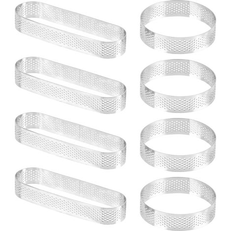 8 x Stainless Steel Perforated Tart Circles, 4 Round Pie Rings 8 cm + Oval Pie Rings 13 cm, Perforated Circular Cake Mould (1/5)