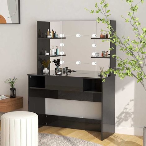 vidaXL Tocador de maquillaje luces LED MDF negro brillo 100x40x135 cm (1/5)