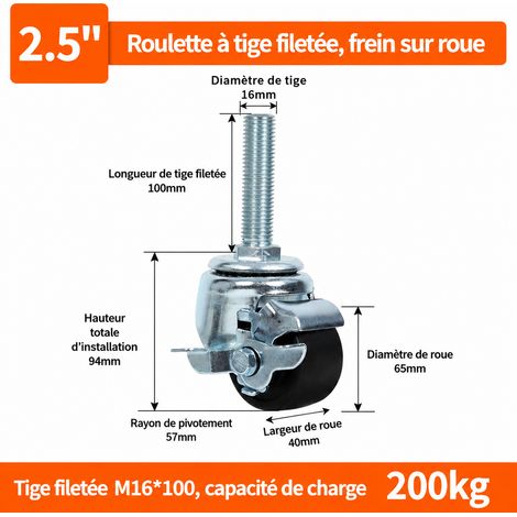Roulette industrielle nylon 2,5" tige filetée M16x100 avec frein latéral 2.5 m16 100 06 2 kg – Livraison gratuite