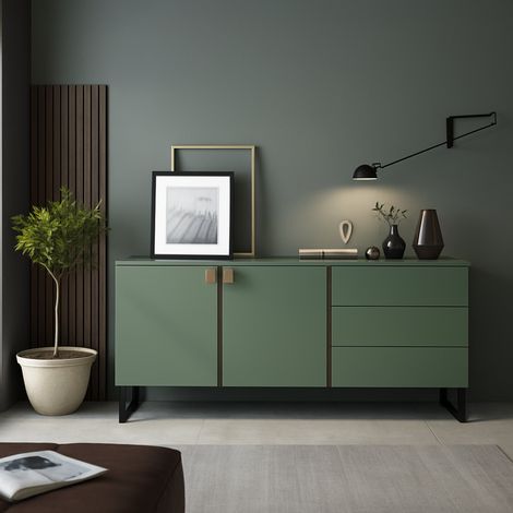 Sideboard für Zimmer, Kommode mit 3 Schubladen, 2 Einlegeböden, Schwenktür, 184x40x86h cm Grün (1/4)