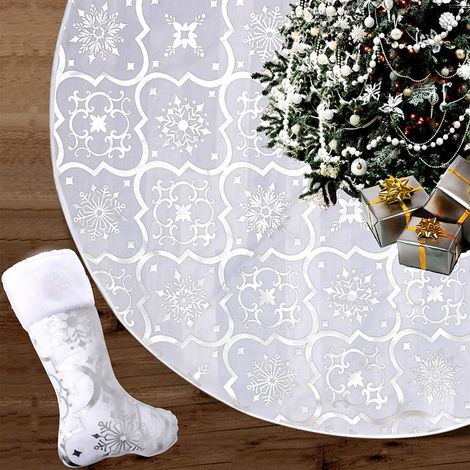 Manta Para Árbol De Navidad - Con Calcetín Navideño - Estampado De Copos De Nieve - Diámetro 120 Cm - Sock 26 X 45 Cm - Poliéster (1/4)