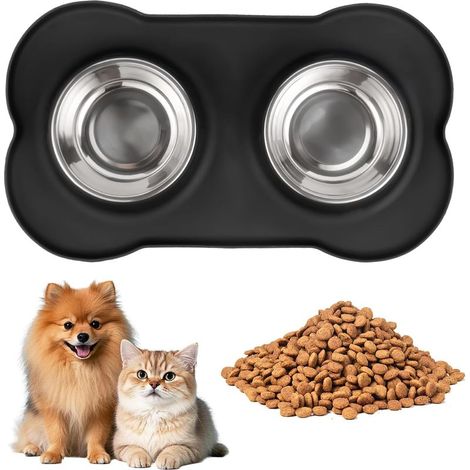 Tapis Gamelle Chat INOX, 2 PcsGamelle pour Chien et Chat Antidérapante en Acier Inoxydable, Double Bols Eau avec Tapis Gamelle Chien Anti Eclaboussure en Silicone (M 46 x 26 cm) (1/5)
